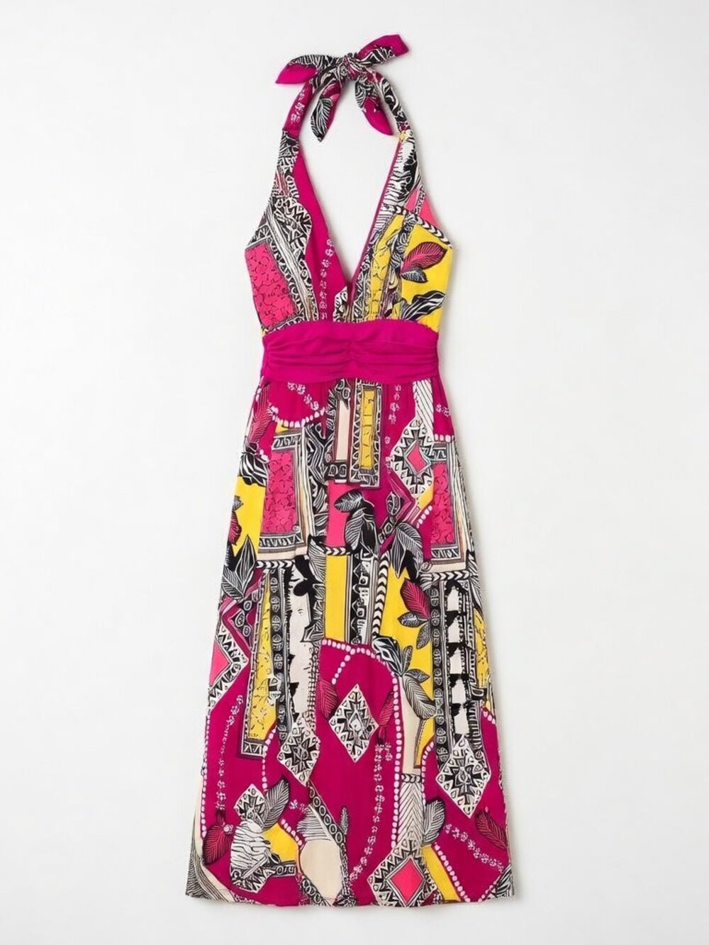 La Scala Pink Yellow Paisley Halter Dress S Open Back Resortwear Summer Party